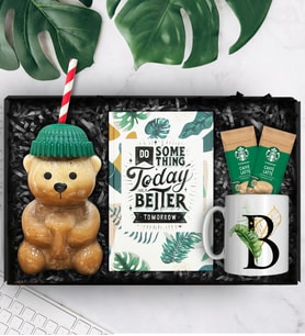 Bearista Şapkalı Pipetli Ayıcık Cam Bardak & Tasarım Defter & Kişiye Özel Kupa & İkili Latte Hediye Seti