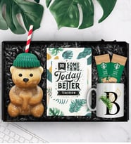 Bearista Şapkalı Pipetli Ayıcık Cam Bardak & Tasarım Defter & Kişiye Özel Kupa & İkili Latte Hediye Seti