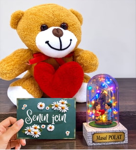 Kalpli Sevimli Peluş Ayıcık ve Kişiye Özel Renkli Led Işıklı Fanus Kalp Tutan Çiftli