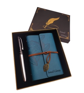 Özel Tüylü Kalem Motifli Kutulu Kalem Defter - İsme Özel Defter Kalem Set & Hediyelik Kalem Defter , Silver Kalem Ve Deri Defter