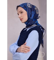 Çiçek Desen İpek Twill Eşarp 4219D01 (C.Lacivert)