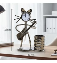 Metal Gitar Çalan Kedi Müzisyen Saat & Kalemlik – Dekoratif Masa Üstü Aksesuarı – 17x12 cm (Karışık)