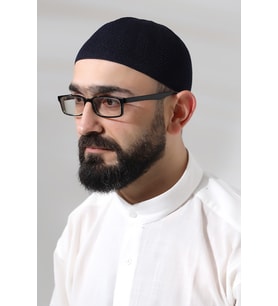 Lacivert Safir Dantel Detaylı Örme Namaz Takkesi