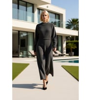 Kadın Moda Şık Boru Paça Crop Boy Uzun Kollu Crop Parmak Detaylı Triko Alt-Üst Takım (Antrasit)