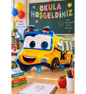 Folyo Balon Sevimli Okul Otobüsü 56x48 cm Okula Dönüş İlk Okul Günü Dekorasyon Balonu
