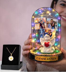 Anneler Günü Hediyesi Fotoğraflı Renkli Işıklı Melek Annem Fanus ve Tasarım Kolye