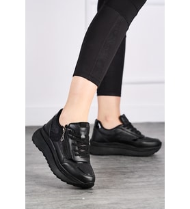 Günlük Kadın Spor Ayakkabı Sim Detaylı Bağcıklı Fermuarlı Hafif Kalın Taban Sneaker 0846 (Siyah)