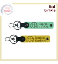 Karavan Motifli Deri Anahtarlık Takımı, İsim Yazılabilir Hediyelik 2’li Set, Açık Yeşil-Sarı