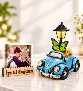 Doğum Günü Hediyesi Kişiye Özel Fotoğraflı Mavi Vosvos Taksi Masa Lambası ve İyi Ki Doğdun Fotoğraf Tutucu