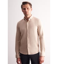 Bej Uzun Kol Düğmeli Yaka Kendinden Desenli Pamuklu Slim Fit Gömlek 1004255267