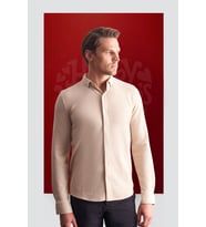 Bej Uzun Kol Düğmeli Yaka Kendinden Desenli Pamuklu Slim Fit Gömlek 1004255267