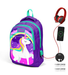 Coral High Kids Mor Su Yeşili Unicorn Desenli Üç Bölmeli USB Şarjlı Kulaklık Çıkışlı Okul Sırt Çantası 23415