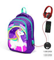 Coral High Kids Mor Su Yeşili Unicorn Desenli Üç Bölmeli USB Şarjlı Kulaklık Çıkışlı Okul Sırt Çantası 23415