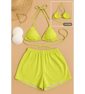 Kadın 3'lü Set Fosforlu Şortlu ve Yandan Bağlamalı Bikini Mayo Takımı