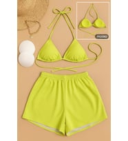 Kadın 3'lü Set Fosforlu Şortlu ve Yandan Bağlamalı Bikini Mayo Takımı