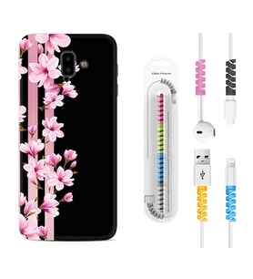 Samsung J6 Plus J7 Prime J7 Pro M20 Kılıf Kablo Koruma Spiral Silikon Pink Flowers 3 1393