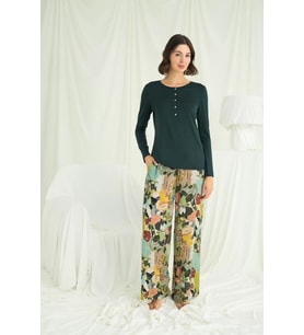 pilelistore Çiçek Ve Yaprak Desenli Pijama Takımı (Yeşil)