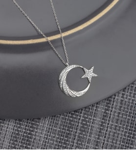 925 Ayar Gümüş Zirkon Taşlı Ay Yıldız Kolye