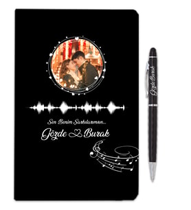 Sevgililer Gününe Özel Fotoğraflı Kişiye Özel Defter Ve Tükenmez Kalem Hediye Seti (Siyah)