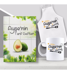 BK Gift Kişiye Özel İsimli Mutfak Önlüğü Kupa ve Yemek Tarif Defteri Hediye Seti-3 (Model 1)