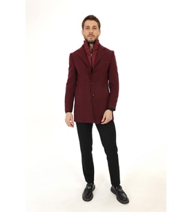 Erkek  Slim Fit Bordo  Çıkmalı Ceket Yaka  İçi Kapitoneli Tek Yırtmaç  Dizüstü Kaşe Kaban