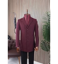 Erkek Slim Fit Bordo Çıkmalı Ceket Yaka İçi Kapitoneli Tek Yırtmaç Dizüstü Kaşe Kaban