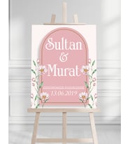 Söz Nişan Düğün İçin 50x70 Karşılama Panosu - Pembe Çiçek Tasarımlı 011