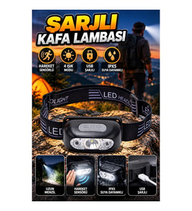 Hareket Sensörlü Şarjlı LED Kafa Lambası – 4 Işık Modu IPX5 USB Şarj