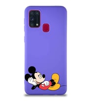 Samsung Galaxy M31 Soft Premier Kapak Mickey Mouse-F Tasarımlı Silikon Kılıf - Mor (Şeffaf)