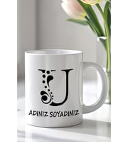 Kişiselleştirilebilir U Harfi Tasarımlı 330ml Baskılı Beyaz Seramik Kupa Bardak (Siyah Beyaz Baskili)