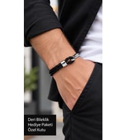Cendrico Onyxline Siyah Deri Erkek Bileklik - Gümüş Ton Yarım Metal Örgü