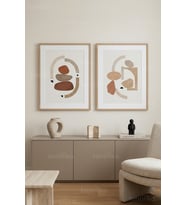 Nötr Tonlarda Modern Soyut Sanat 2’li Ahşap Çerçeveli Tablo Seti