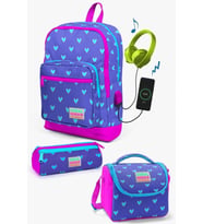 Coral High Kids Lavanta Pembe Kalp Desenli USB'li 3’lü Okul Çanta Seti - Kız