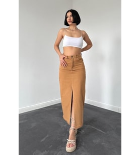 Camel Gabardin Boyamalı Püsküllü Etek