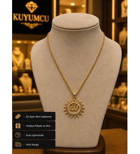 22 Ayar Altın Kaplama Allah Yazılı Güneş Model Taşlı Kadın Hediye Kolye