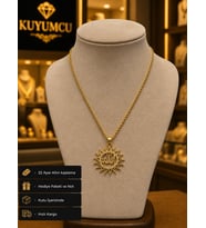 22 Ayar Altın Kaplama Allah Yazılı Güneş Model Taşlı Kadın Hediye Kolye