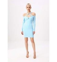 Kadın Mini Astarlı Carmen Yaka Uzun Kollu Bodycon Örme Elbise Altın Detaylı Günlük Rahat Modern