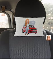 BK Gift Kişiye Özel Plakalı Kadın Volkswagen Polo Karikatürlü Dikdörtgen Araç Koltuk Yastığı-2