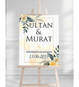 Söz Nişan Düğün İçin 50x70 Karşılama Panosu - Papatya Çiçek ve Yaprak Tasarımlı