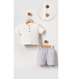 Unisex Bebek&Çocuk %100 Pamuklu Çizgili Düğmeli Müslin Şort Takım-Gri