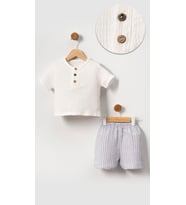 Unisex Bebek&Çocuk %100 Pamuklu Çizgili Düğmeli Müslin Şort Takım-Gri