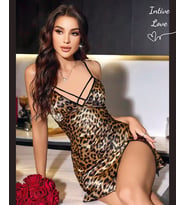 Intive Leopar Desen Arkası Çapraz Askılı Sırt Dekolteli V Yaka Mini Gecelik