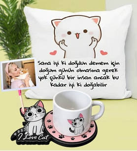 Kişiye Özel Doğum Günü Hediyesi Kedi Figürlü Tabaklı Kupa & Sevimli Kedi Polar Yastık