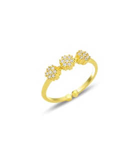 Gümüş altın yaldızlı zirkon taşlı alttan ayarlanabilir tria çiçek yüzük SGTL12308GOLD (Rose)