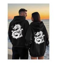 Sevgili Çift Kombini Dragon Desenli Hoodie Kapüşonlu Sweatshirt 2li Set Takım 3 İplik Pamuk (Siyah)