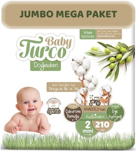 Baby Turco Bebek Bezi Doğadan Beden:2 (3-6Kg) Mini 210 Adet Jumbo Mega Pk