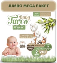 Baby Turco Bebek Bezi Doğadan Beden:2 (3-6Kg) Mini 210 Adet Jumbo Mega Pk