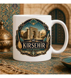Kırşehir Temalı Hediyelik Kupa Bardak - 40 Plaka Ahilik Başkenti Art-Deco ve Simetrik Motifli Özel Tasarım Kupa
