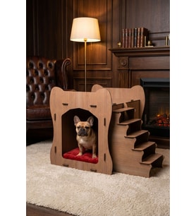 Ahşap Köpek Kulübesi Dekoratif Köpek Evi Ceviz Renk Merdivenli Model