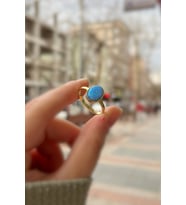 Gümüş mavi opal taşlı altın kaplama yüzük (Sarı)